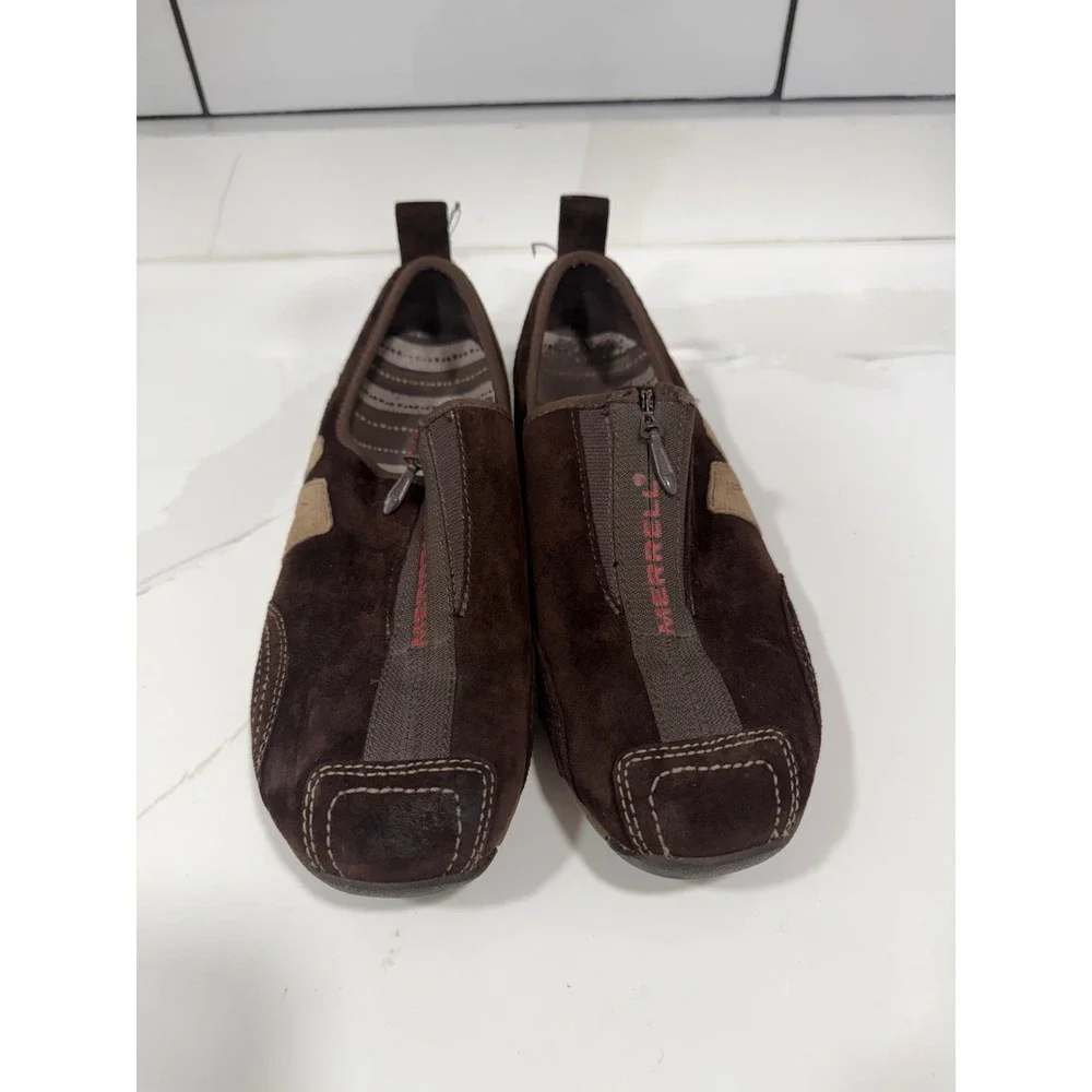 Merrell Barrado Leather Chestnut Brown Zip Front Slip On Sneakers Womens 7.5